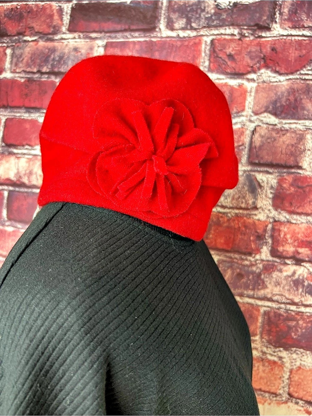 Betmar New York Red Wool Blend Cloche Hat Flower Detail